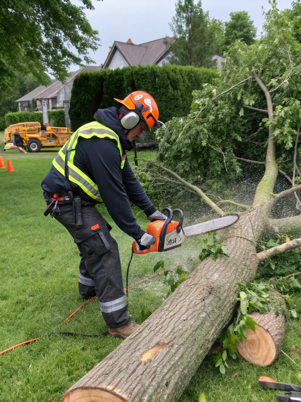 A professional arborist carefully removing a large, dead tree branch with ropes and safety gear, showcasing ArborExcel's expertise in safe tree removal practices.