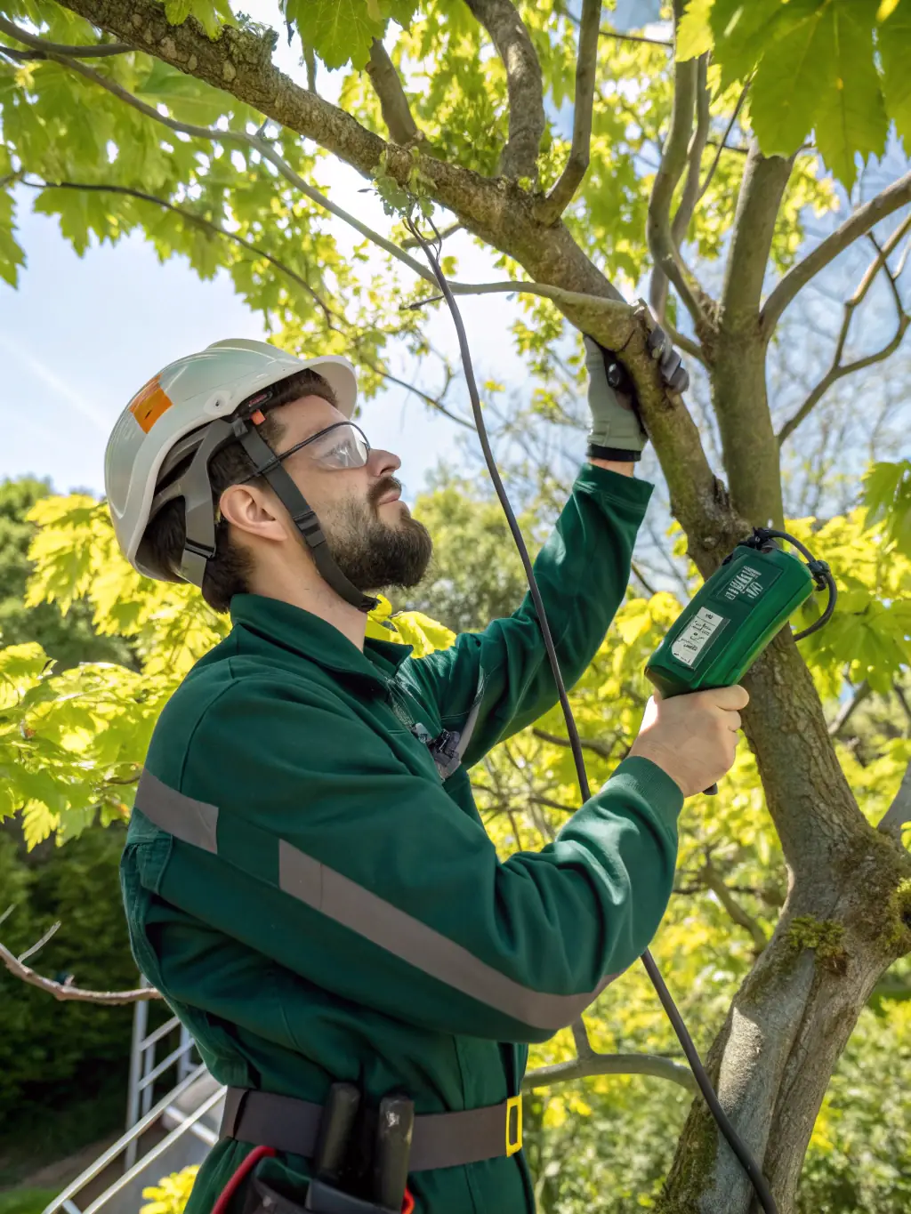 A worker inspecting a tree for disease and pests in Morristown, TN.